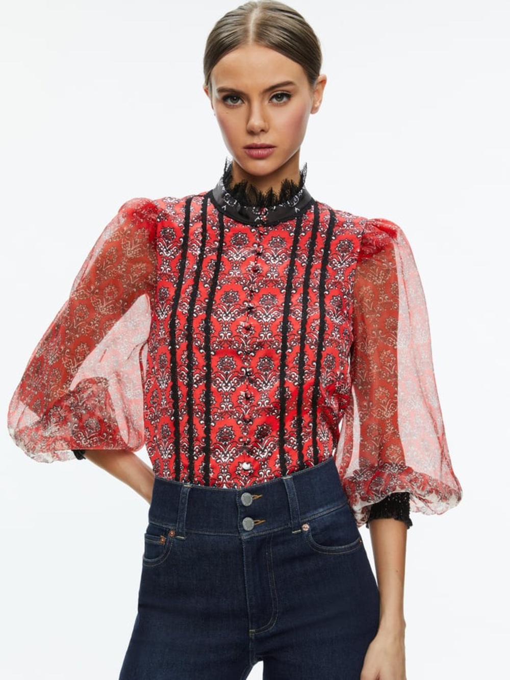 Alice + Olivia Red Patterned Bodice Sheer Puff-Sleeve Blouse